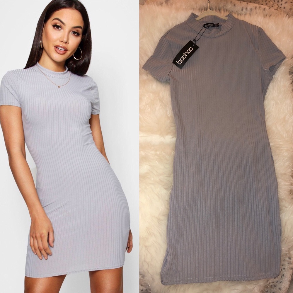 NWT Boohoo Grey High Neck Rib Bodycon Dress US 8